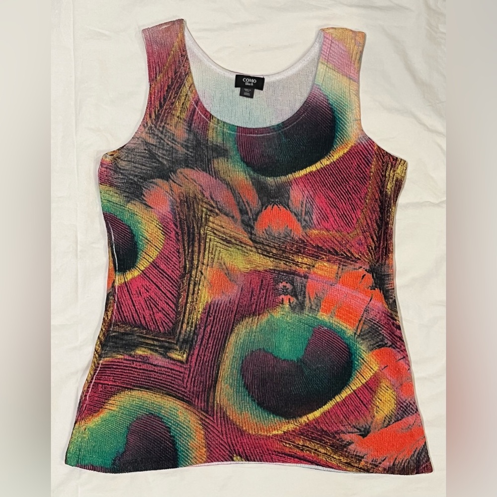 COMO Black Multi-Colored Tank Top - Peacock Feather - Women’s Size L